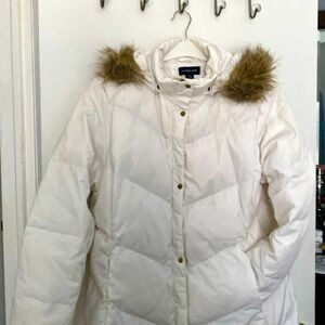 Lands' End White Puffer Jacket with Faux Fur Trim